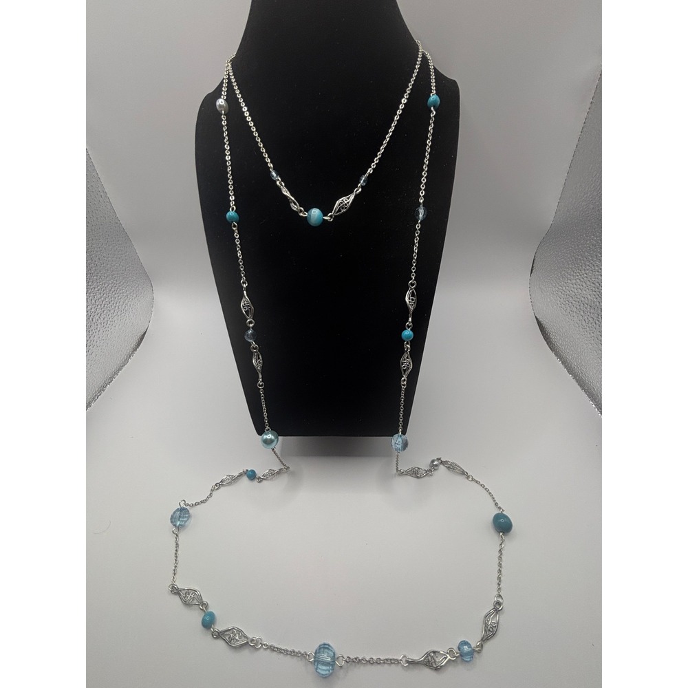 Candies Long Station Necklace Blue Glass Cat Eye Faux Pearl Filigree Silver Tone